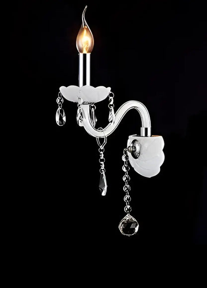 Elegant white crystal wall lamp with silver-toned curved arm, frosted fabric shades, and decorbites crystal wall accents