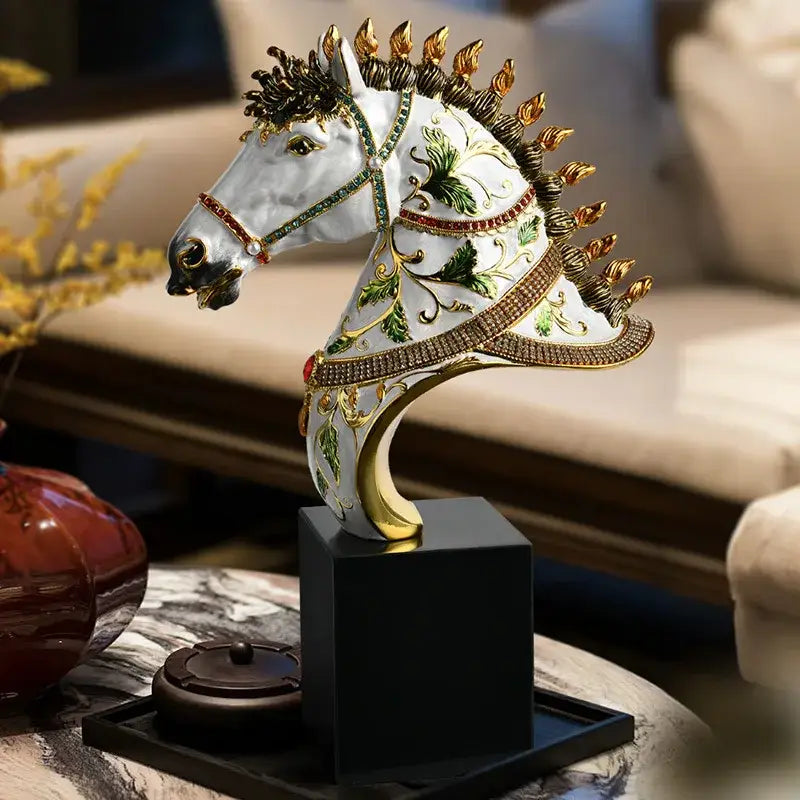 Elegant white enamel horse sculpture with gold accents green leaf patterns and embedded gemstones for living room decor