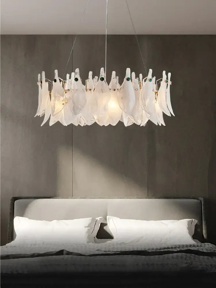 Elegant white feather cloud mist glass chandelier with translucent leaf shades and green accents for bedroom decorbites cloud mist