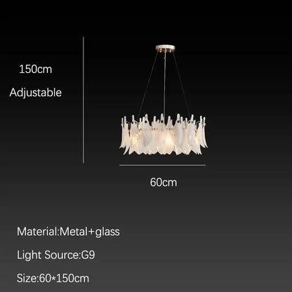 Elegant white feather cloud mist glass chandelier with metallic mount and chains crafted from metal and glass for decorbites cloud mist