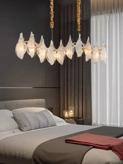 Elegant gold-toned mist glass chandelier with translucent leaf-shaped shades and twisted rope cords for bedroom decorbites cloud mist