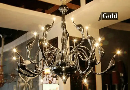 Elegant white glass iron swan pendant chandelier with gold-toned sleek curved design for living room decorbites iron swan