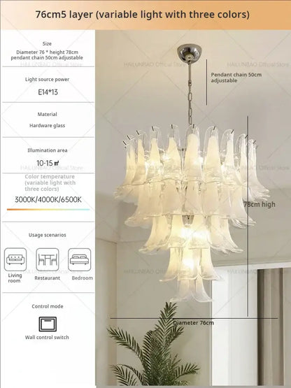 Elegant white glass petal chandelier with cascading translucent design and adjustable chain decorbites elegant crystal light