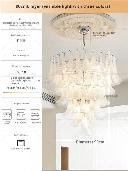 A 90cm six-layer decorbites elegant crystal chandelier with translucent white glass shades and chrome frame for staircases