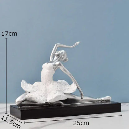 Elegant white and gold ballet dancer resin sculpture with a silver figurine, white tutu, and black base for bedroom decor