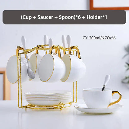 Elegant white and gold bone china tea set with porcelain teacups on a golden stand by decorbites elegant bone