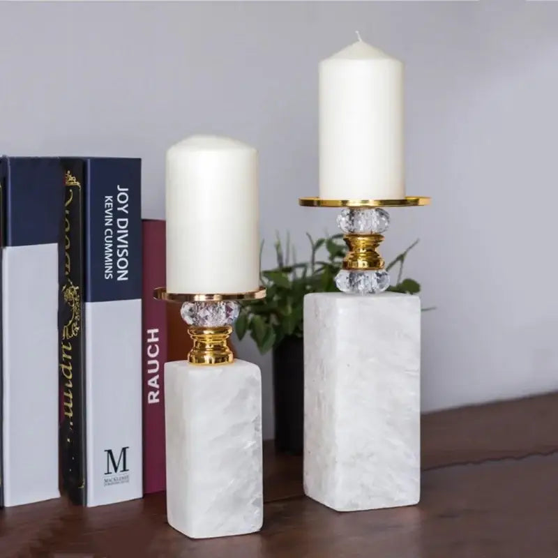 Elegant white and gold marble candle holder with crystal embellishments for dining room decor by decorbites gold marble