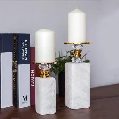 Elegant white and gold marble candle holder with crystal embellishments for dining room decor by decorbites gold marble