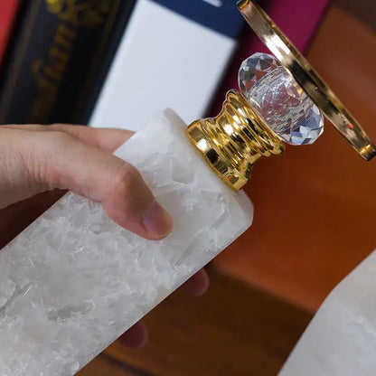 Elegant white textured glass perfume bottle with gold marble candle holder decorbites gold marble crystal stopper