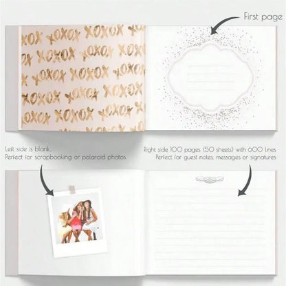 Elegant white guest book with bronzing detail featuring pink and gold xoxo design, blank photo and lined message pages for weddings decorbites guest book