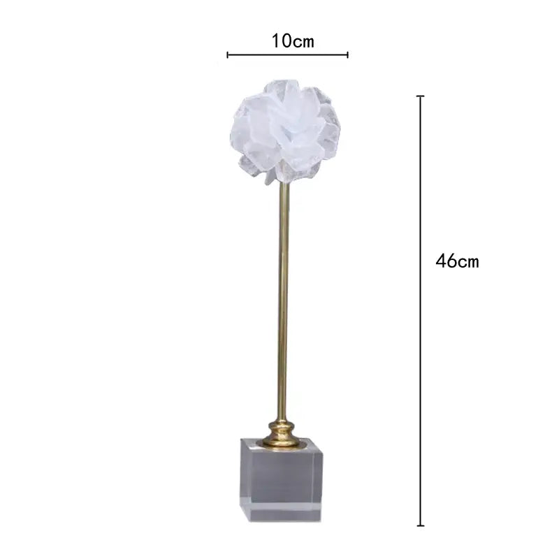 Elegant white organza flower glass craft hyalinite sculpture with a delicate fabric rose on a gold stem and acrylic base