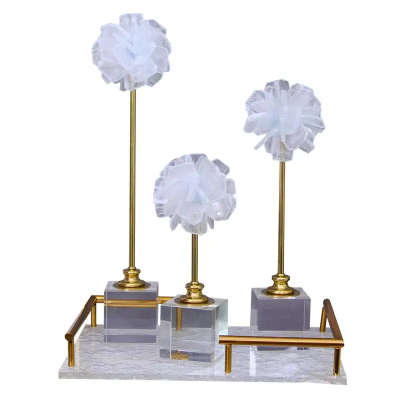 Elegant white organza flower glass craft hyalinite sculpture with translucent petals on gold stems in clear bases