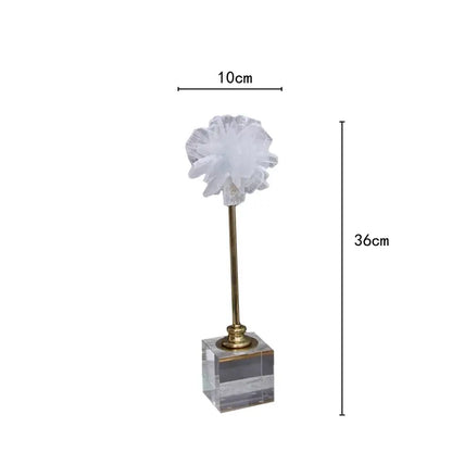 Elegant white organza flower glass craft hyalinite sculpture with translucent petals on brass stem and acrylic base