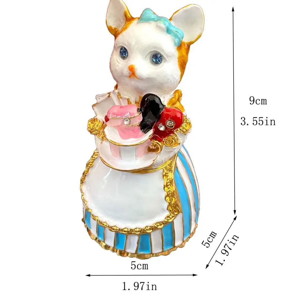 Elegant white porcelain trinket box featuring an orange and white decorbites elegant cat holding a decorative teacup