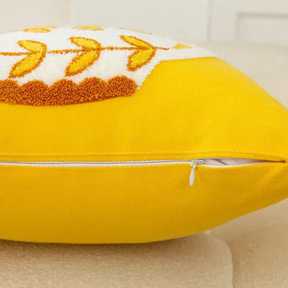 Bright yellow cushion cover with white and orange embroidered wheat design decorbites elegant yellow vase flower decor