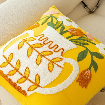 Elegant yellow cushion cover with embroidered white vase flower and golden leaves decorbites elegant yellow decor