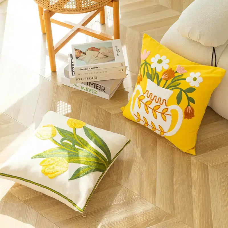 Elegant yellow vase flower cushion cover with embroidered floral design and white pitcher for living room decorbites decor