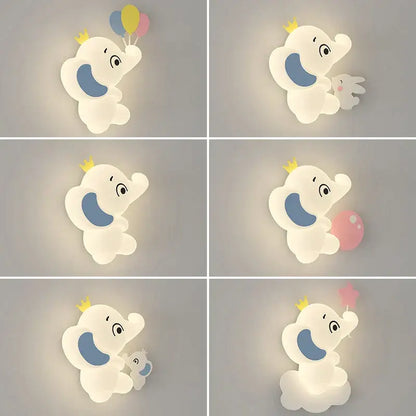 Cute white elephant cartoon wall light with blue ear accents and yellow crown for baby room pe lampshade
