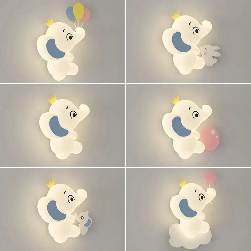 Cute white elephant cartoon wall light with blue ear accents and yellow crown for baby room pe lampshade
