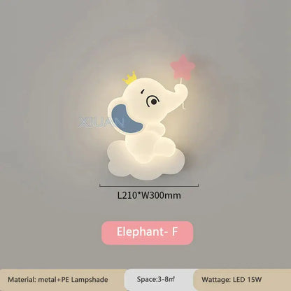 Cute white elephant cartoon wall light with blue ear yellow crown and pink star for baby room decoration