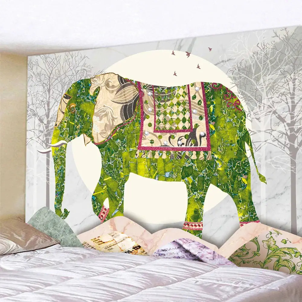 A vibrant green decorbites elephant tarot psychedelic tapestry with intricate patterns and pink saddle against marble wall