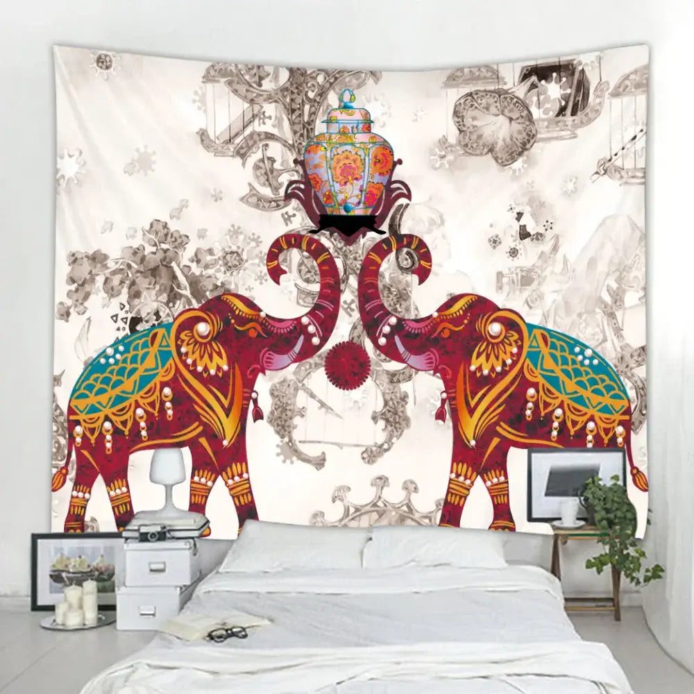 Vibrant elephant tarot psychedelic tapestry in red and teal with gold detailing for yoga room wall art decorbites elephant tarot