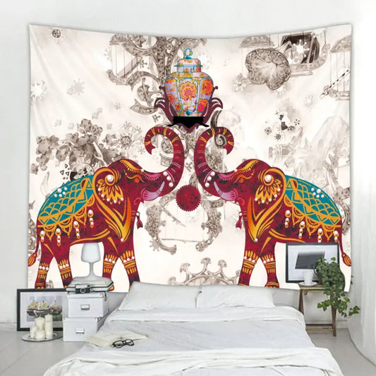 Vibrant elephant tarot psychedelic tapestry in red and teal with gold detailing for yoga room wall decor by decorbites