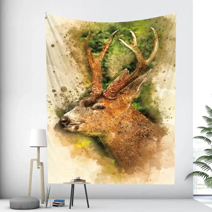 Watercolor-style deer tapestry with brown antlers on textured green and beige background for elephant tarot psychedelic decorbites wall art