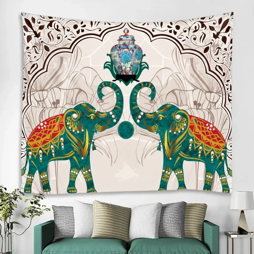 Vibrant teal and orange elephant tarot psychedelic tapestry with ornate elephants and arched vase design for yoga room decorbites elephant tarot
