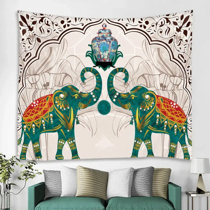 Vibrant teal and orange elephant tarot psychedelic tapestry with ornate elephants and arched vase design for yoga room decorbites elephant tarot