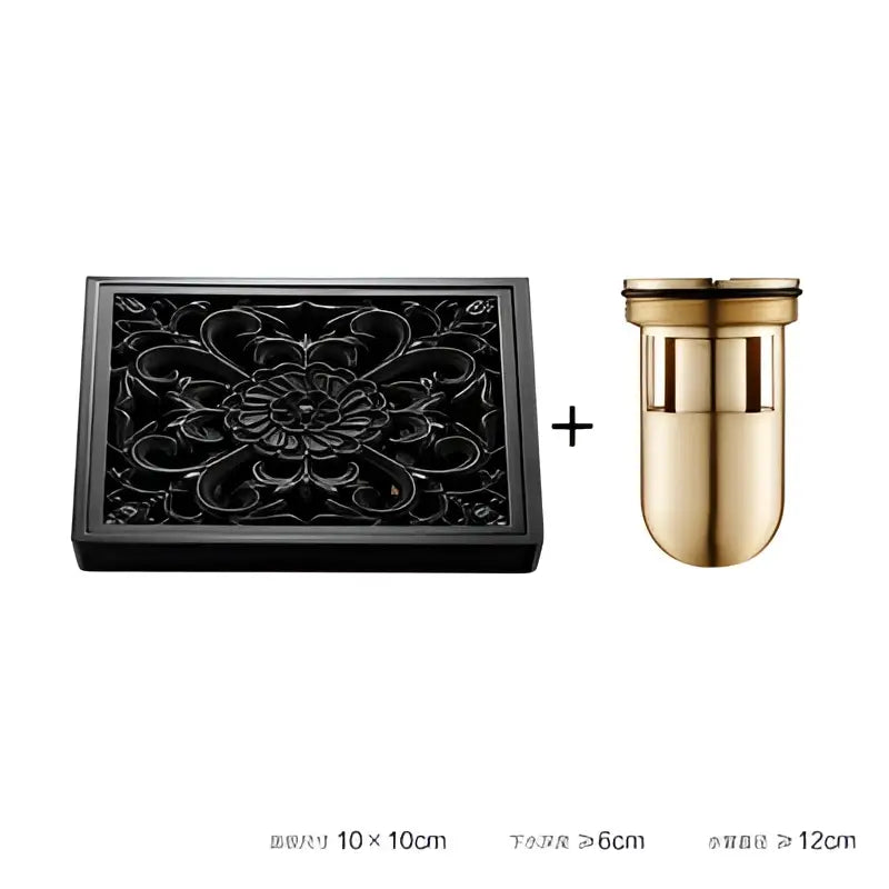 Black brass square floor drain with embossed floral design and gold lid suitable for shower room decorbites brass square