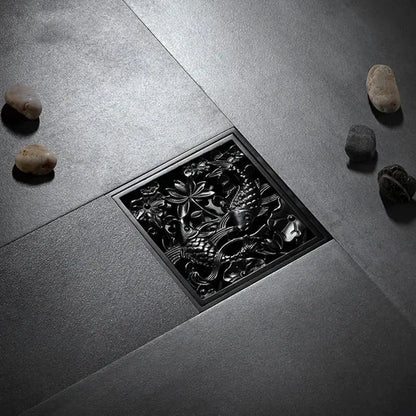 Black brass square floor drain with embossed fish and floral design for shower room by decorbites brass square
