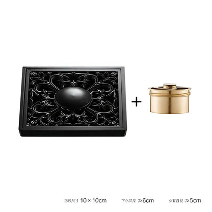 Black ornate embossed floral brass square floor drain with spherical centerpiece for shower room by decorbites brass square