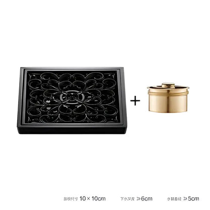 Black ornate brass square floor drain with embossed floral design and gold container for shower room decorbites brass square