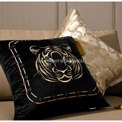 Black velvet cushion cover with embroidered gold tiger face and red silver bead border for decorbites embossed floral decor