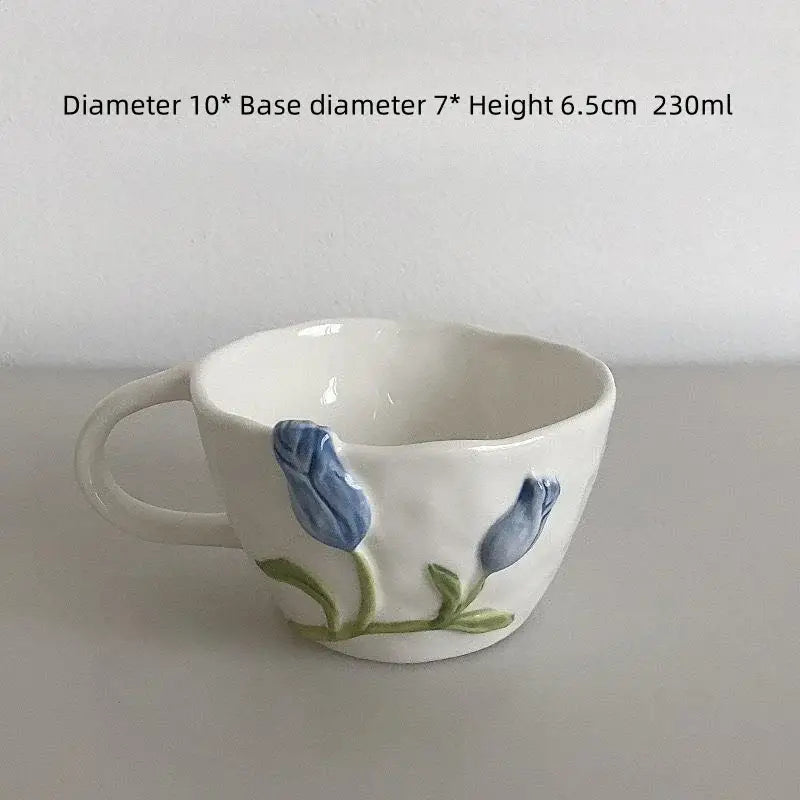 White ceramic embossed tulip ceramic cup with hand-painted blue tulips green stems for decorbites 3d embossed decor