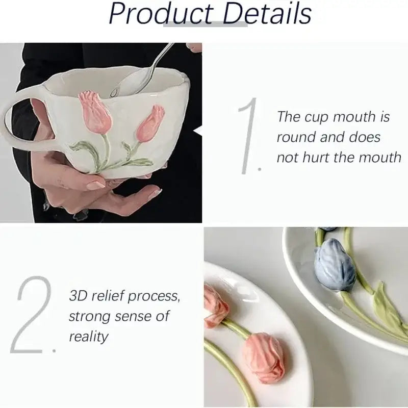 White ceramic embossed tulip ceramic mug with 3d relief pink tulips green stems for decorbites tulip ceramic coffee decor