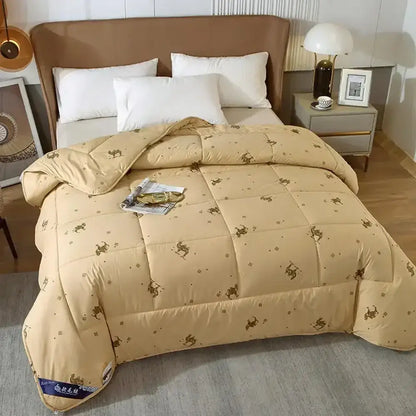 Embroidered beige camel hair quilted blanket with brown horse and rider pattern for decorbites camel hair comforter