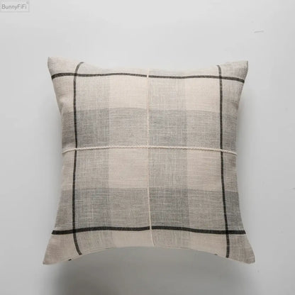 Beige and gray plaid linen throw pillow with black grid lines featuring decorbites brown grey stripe embroidery for living room decor