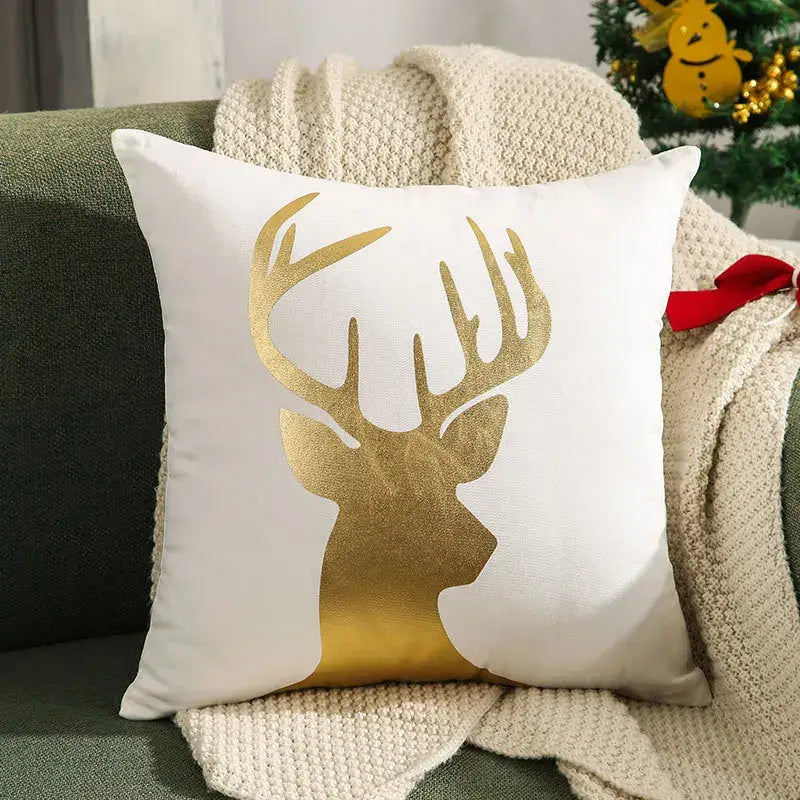 White throw pillow cover with a gold foil deer silhouette and antlers for decorbites embroidered christmas pillow decor