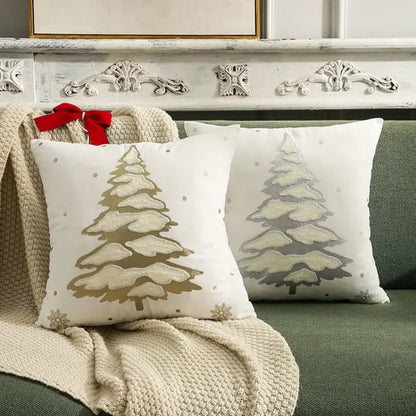 White pillow covers with gold and silver embroidered christmas pine trees and decorative dots for living room decorbites decor