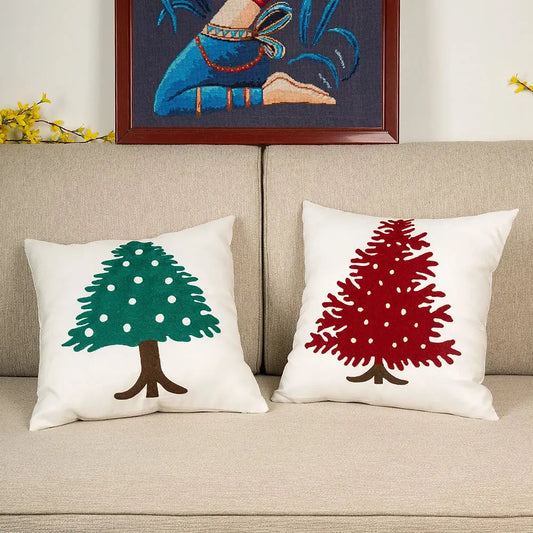 Two embroidered christmas tree cushion covers in red and green on cream fabric for living room decorbites decor