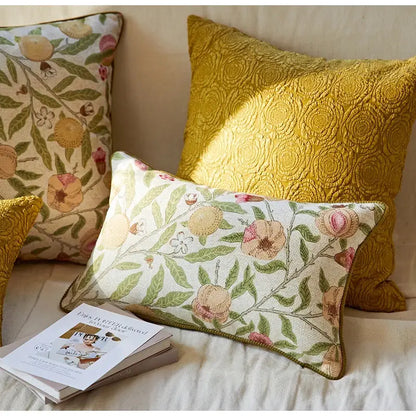 Rectangular pillow case with cream fabric and embroidered citron flowers plants in peach and green for living room decor