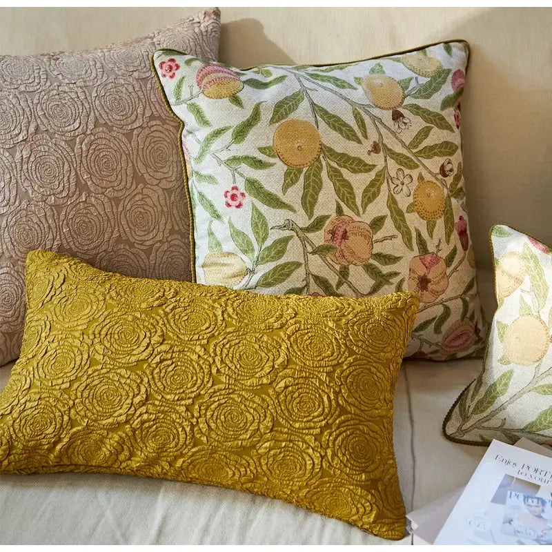 Golden textured throw pillow case with embroidered decorbites citron flowers plants for living room decor