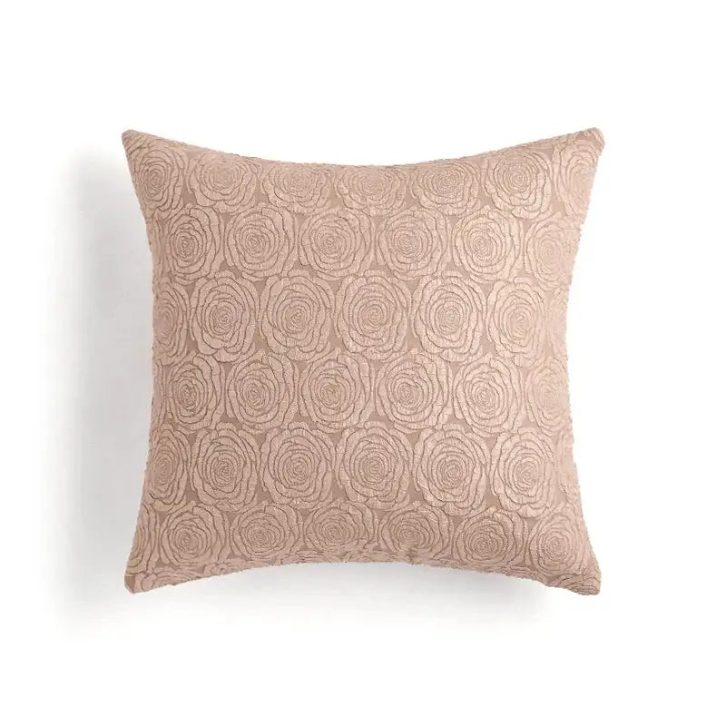 Beige embroidered pillow case with subtle raised rose pattern featuring decorbites citron flowers plants for living room decor
