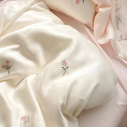 Cream satin ice silk bedding sets pillowcase with delicate pink rose embroidery for bedroom decorbites ice silk