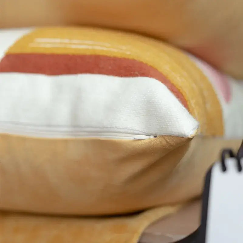 Soft plush embroidered cushion cover in mustard yellow and terracotta stripes from cushion cover set for living room decor