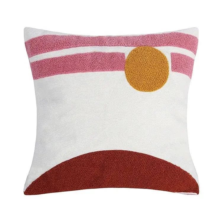 Embroidered cushion cover set featuring a pink striped and rust horizon design with an orange sun for living room decor