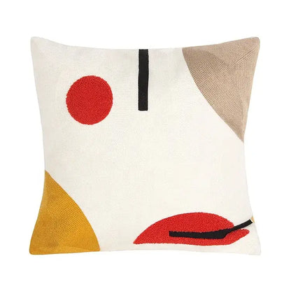 White embroidered cushion cover with abstract red black and beige geometric design cushion cover set for living room decor