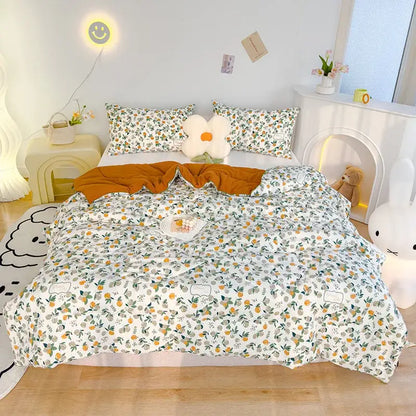Embroidered double gauze rabbit print quilt bedroom comforter with white floral-patterned orange and green botanical prints